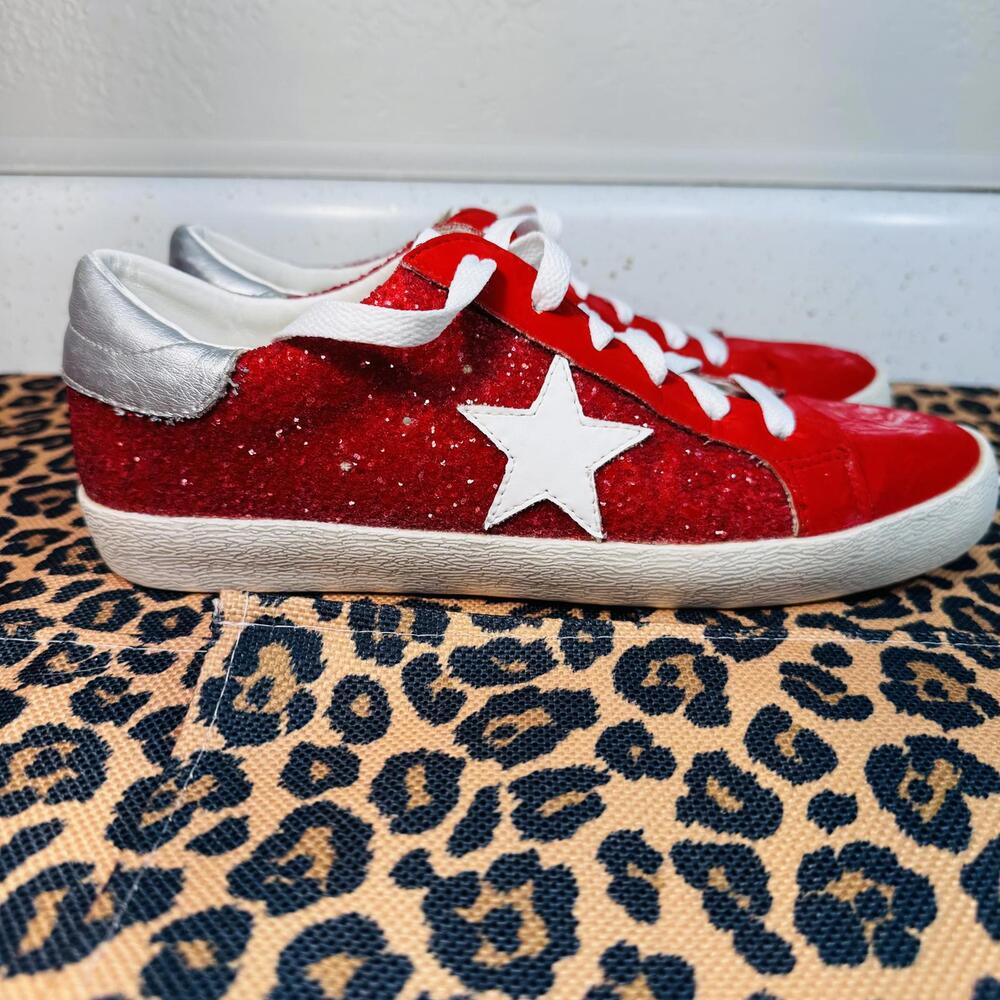 Womans Miim Red Sparkling Glitter Sneaker with Silver Accent Size 9